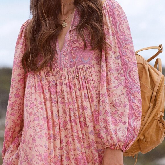 SPELL Folk Song Boho Dress in Blossom Medium BNWT FSOT Pink Peachy Floral Midi - Picture 9 of 14